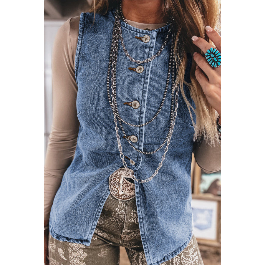 Ashleigh Blue Buttoned Front Slit Denim Vest Outerwear/Vests