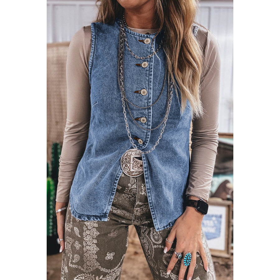 Ashleigh Blue Buttoned Front Slit Denim Vest Ashleigh Blue / S / 65% Cotton + 33% Polyester + 2% Elastane Outerwear/Vests