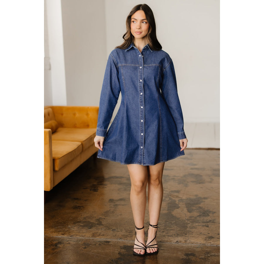Ashleigh Blue Denim Shirt Collar Long Sleeve Flared Mini Dress Dresses/Mini Dresses