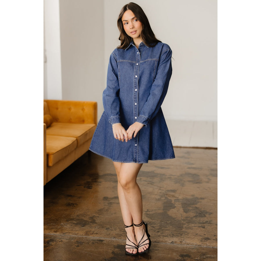Ashleigh Blue Denim Shirt Collar Long Sleeve Flared Mini Dress Dresses/Mini Dresses