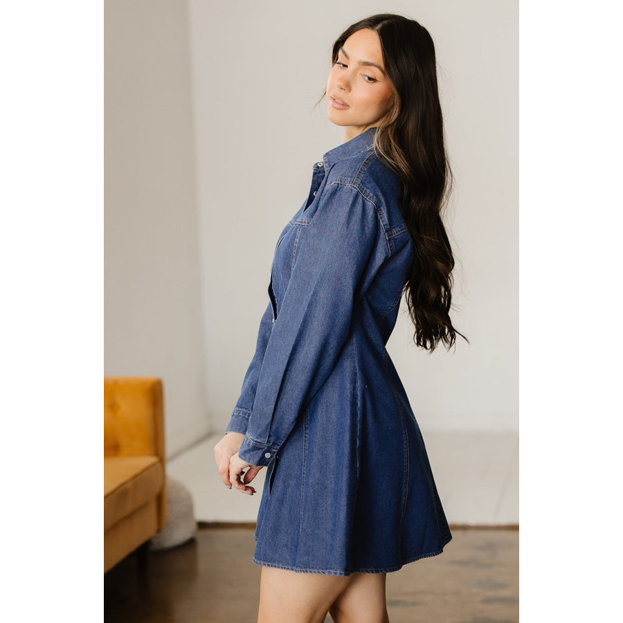 Ashleigh Blue Denim Shirt Collar Long Sleeve Flared Mini Dress Dresses/Mini Dresses