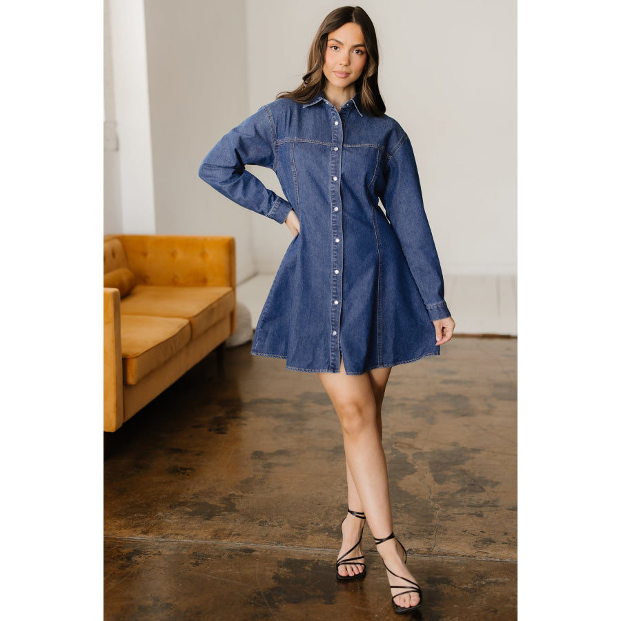 Ashleigh Blue Denim Shirt Collar Long Sleeve Flared Mini Dress Dresses/Mini Dresses