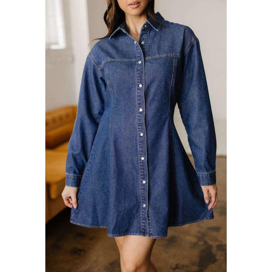 Ashleigh Blue Denim Shirt Collar Long Sleeve Flared Mini Dress Dresses/Mini Dresses