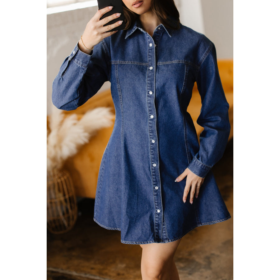 Ashleigh Blue Denim Shirt Collar Long Sleeve Flared Mini Dress Dresses/Mini Dresses