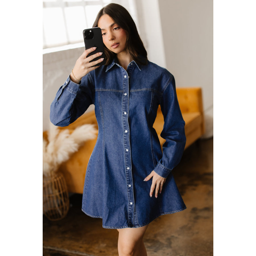 Ashleigh Blue Denim Shirt Collar Long Sleeve Flared Mini Dress Ashleigh Blue / S / 74.7% Cotton + 16.5% Polyester + 8.8% Regenrated Fibre