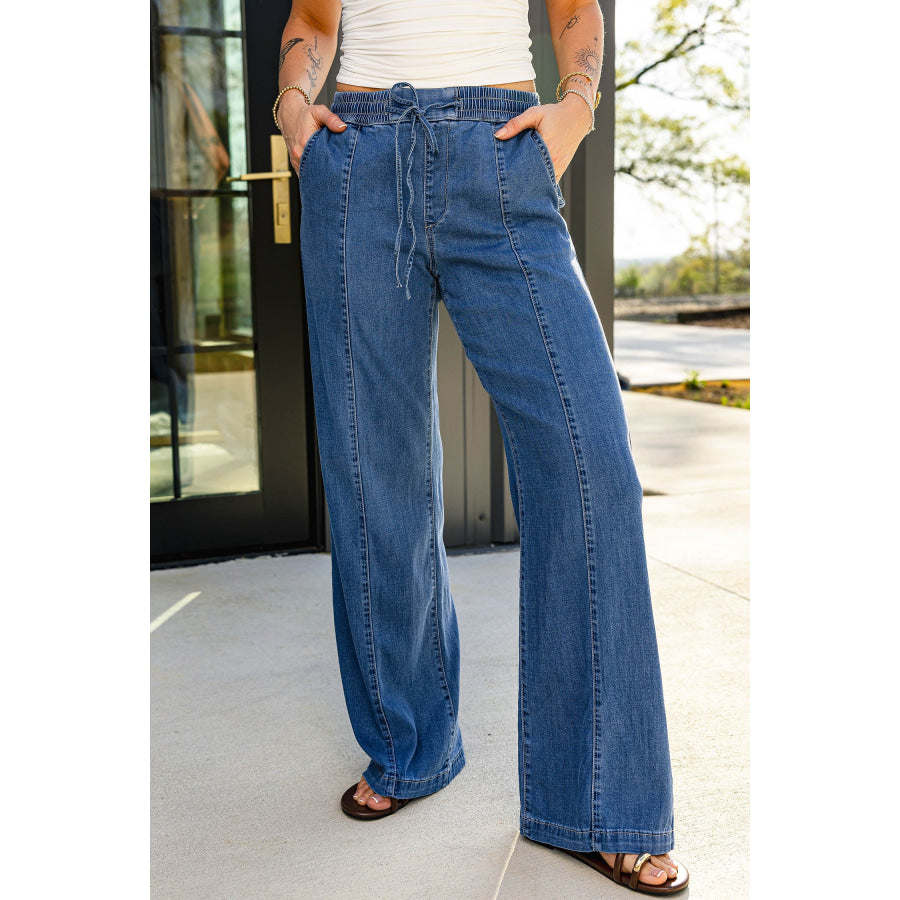 Ashleigh Blue Drawstring Waist Wide Leg Jeans / 4 / 70% Lyocell + 20% Polyester + 9% Viscose + 1% Elastane Bottoms/Jeans