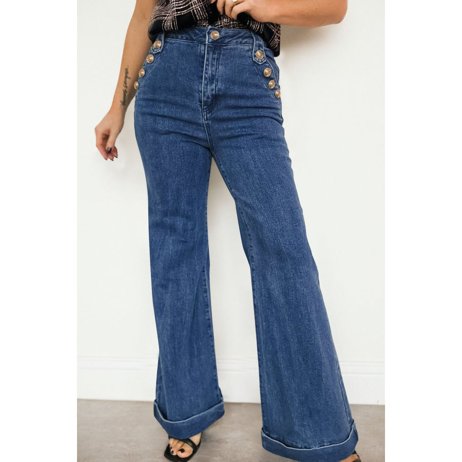 Ashleigh Blue Golden Button Detail Rolled Edge Flare Leg Jeans Ashleigh Blue / 4 / 75% Cotton + 23% Polyester + 2% Elastane Bottoms/Jeans
