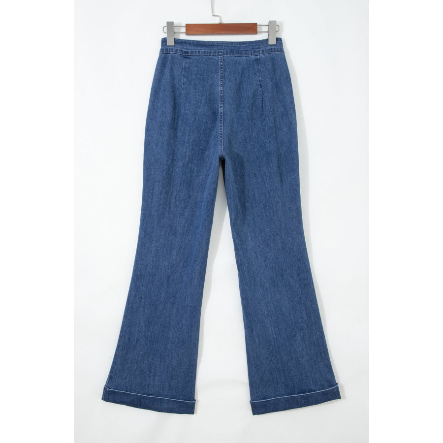 Ashleigh Blue Golden Button Detail Rolled Edge Flare Leg Jeans Bottoms/Jeans