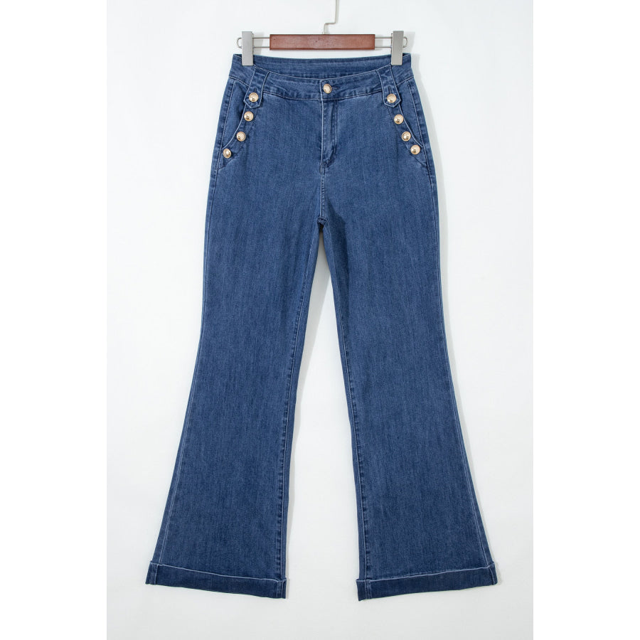 Ashleigh Blue Golden Button Detail Rolled Edge Flare Leg Jeans Bottoms/Jeans