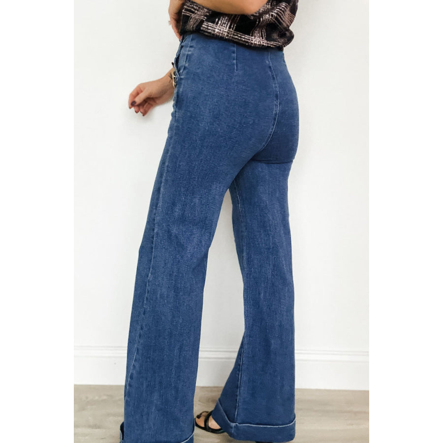 Ashleigh Blue Golden Button Detail Rolled Edge Flare Leg Jeans Bottoms/Jeans