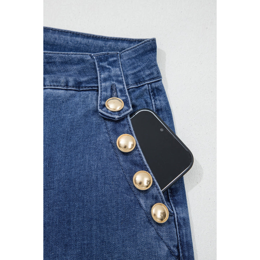 Ashleigh Blue Golden Button Detail Rolled Edge Flare Leg Jeans Bottoms/Jeans