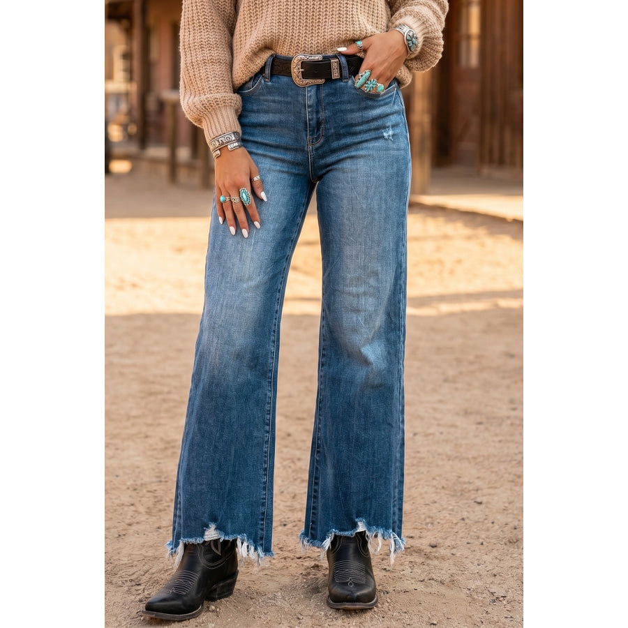 Ashleigh Blue High Waist Frayed Hem Flare Jeans Ashleigh Blue / 4 / 66% Cotton + 27% Polyester + 5% Viscose + 2% Elastane Bottoms/Jeans