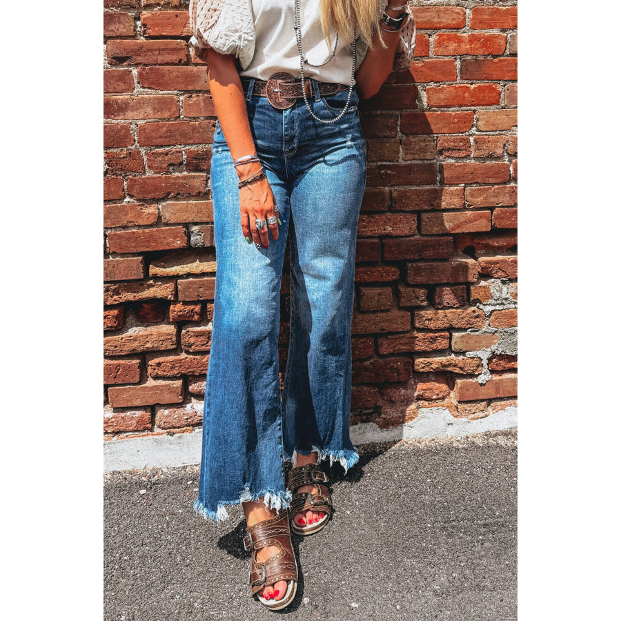 Ashleigh Blue High Waist Frayed Hem Flare Jeans Bottoms/Jeans