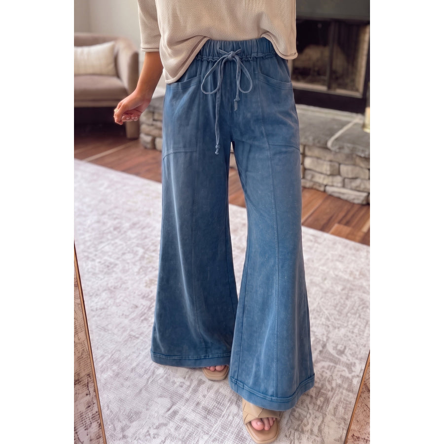 Ashleigh Blue Mineral Wash Seam Detail Flare Leg Drawstring Pants Ashleigh Blue / S Bottoms/Pants & Culotte