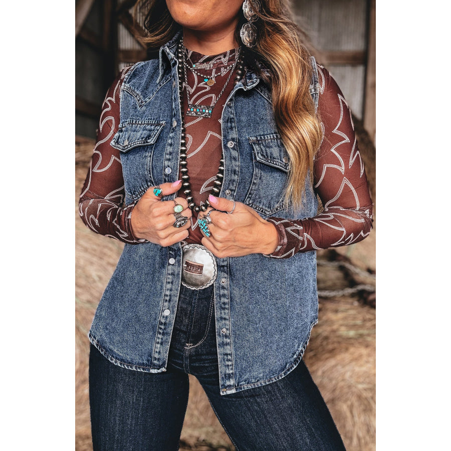Ashleigh Blue Solid Denim Button Front Pocket Sleeveless Cowboy Vest Outerwear/Vests