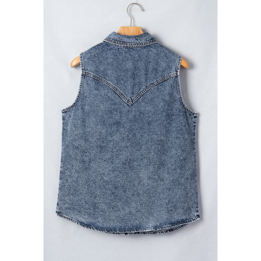 Ashleigh Blue Solid Denim Button Front Pocket Sleeveless Cowboy Vest Outerwear/Vests