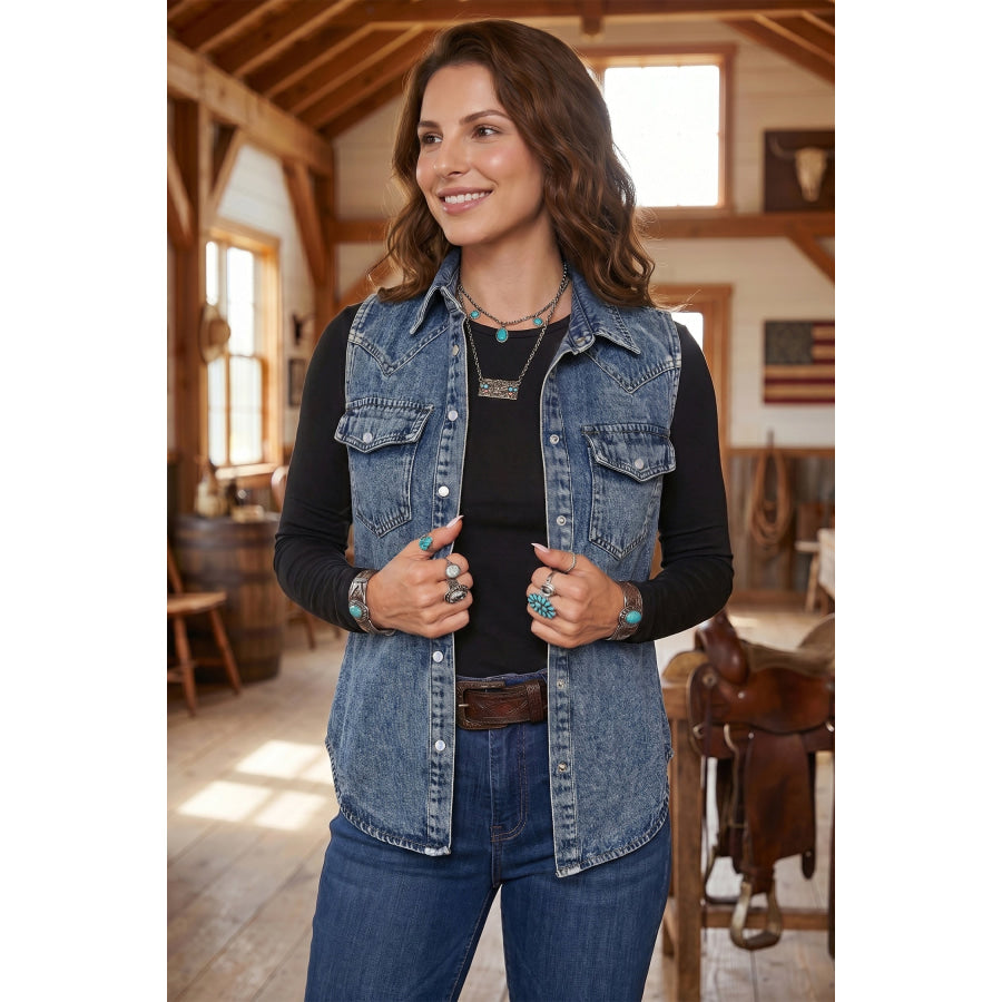 Ashleigh Blue Solid Denim Button Front Pocket Sleeveless Cowboy Vest Outerwear/Vests