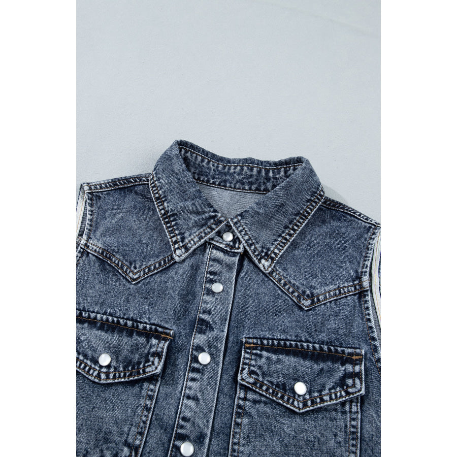 Ashleigh Blue Solid Denim Button Front Pocket Sleeveless Cowboy Vest Outerwear/Vests
