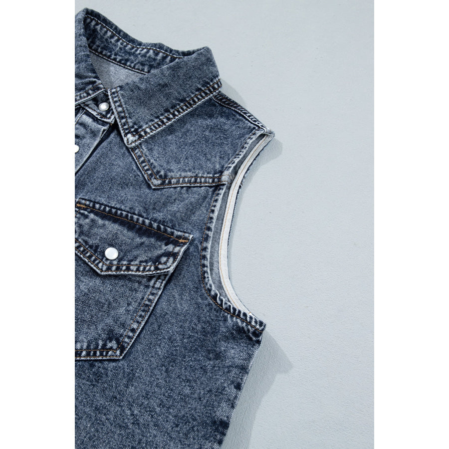 Ashleigh Blue Solid Denim Button Front Pocket Sleeveless Cowboy Vest Outerwear/Vests