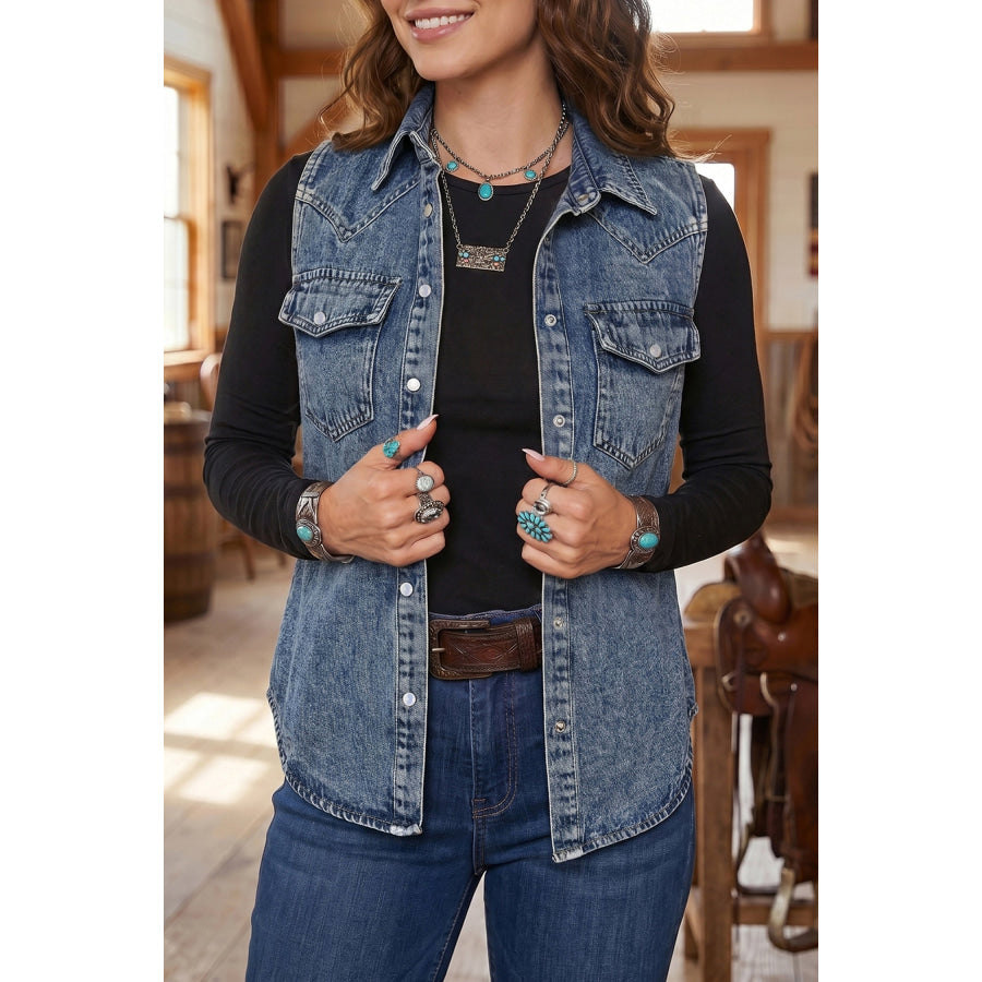 Ashleigh Blue Solid Denim Button Front Pocket Sleeveless Cowboy Vest Outerwear/Vests