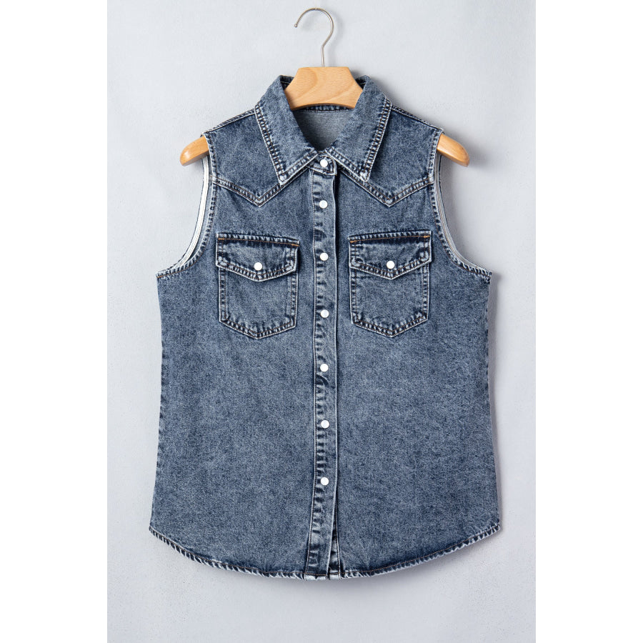 Ashleigh Blue Solid Denim Button Front Pocket Sleeveless Cowboy Vest Outerwear/Vests