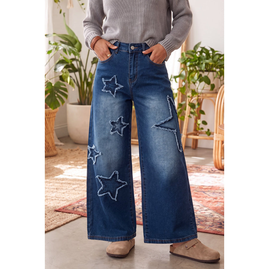 Ashleigh Blue Star Decorated Wide Leg Jeans Ashleigh Blue / 4 / 75% Cotton + 23% Polyester + 2% Elastane Bottoms/Jeans