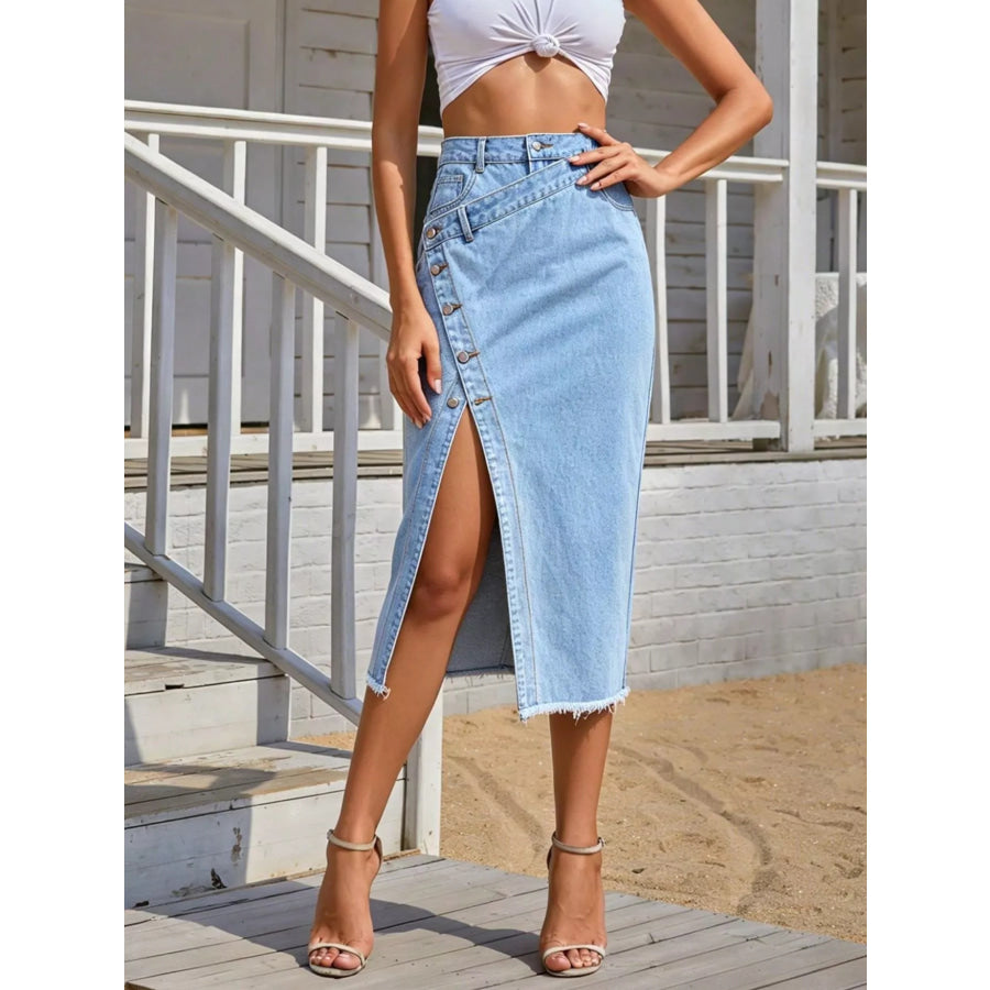 Asymmetric Button-Front Raw Hem Denim Midi Skirt Apparel and Accessories