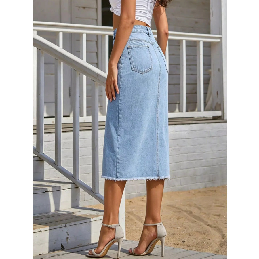 Asymmetric Button-Front Raw Hem Denim Midi Skirt Apparel and Accessories