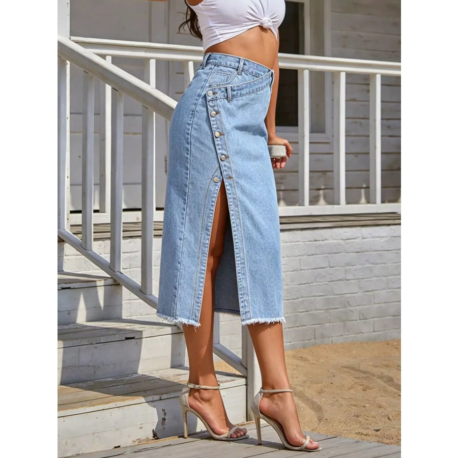 Asymmetric Button-Front Raw Hem Denim Midi Skirt Apparel and Accessories