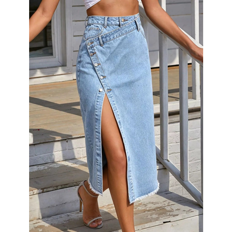 Asymmetric Button-Front Raw Hem Denim Midi Skirt Blue / XS Apparel and Accessories