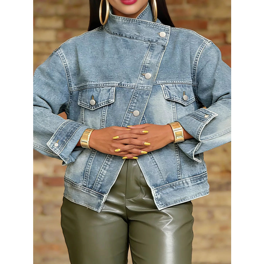 Asymmetric Button-Up Denim Jacket Light Blue / S Apparel and Accessories