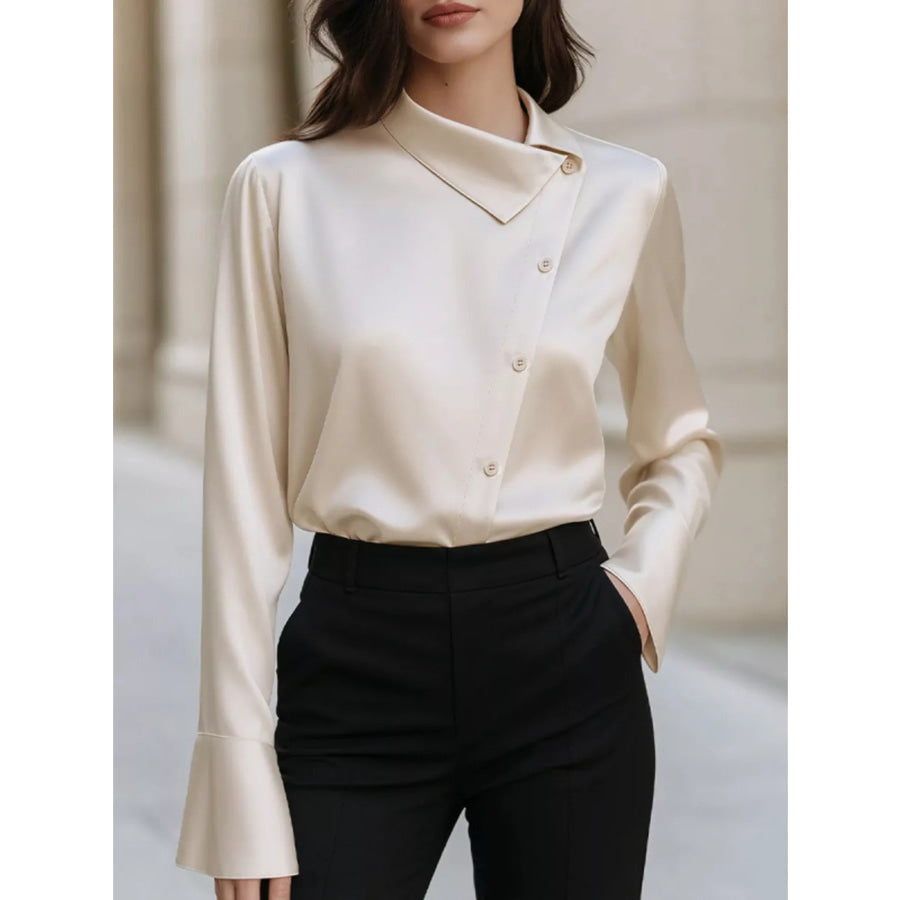Asymmetric Collar Satin Blouse Beige / S Apparel and Accessories