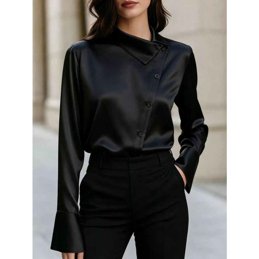 Asymmetric Collar Satin Blouse Black / S Apparel and Accessories