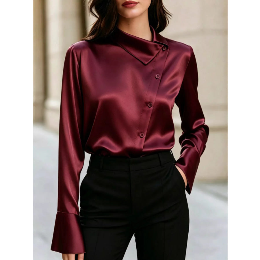 Asymmetric Collar Satin Blouse Burgundy / S Apparel and Accessories
