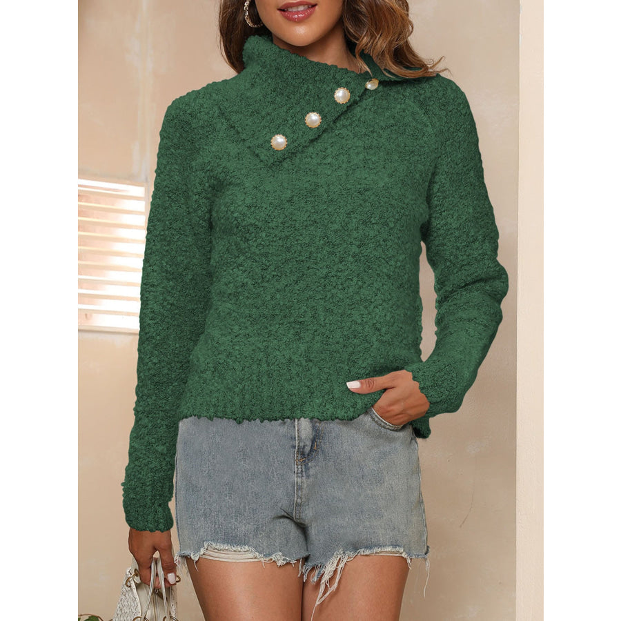 Asymmetric Collared Neck Long Sleeve Sweater Dark Green / S Apparel and Accessories