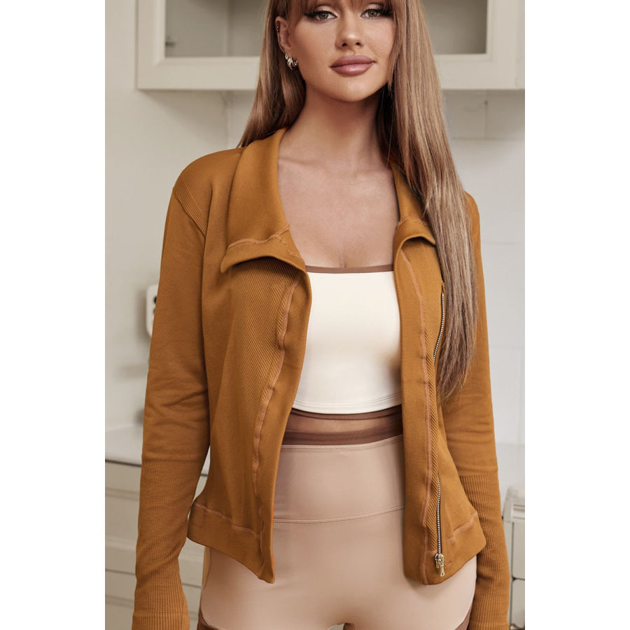 Asymmetric Collared Neck Ribbed Detail Jacket Apparel and Accessories