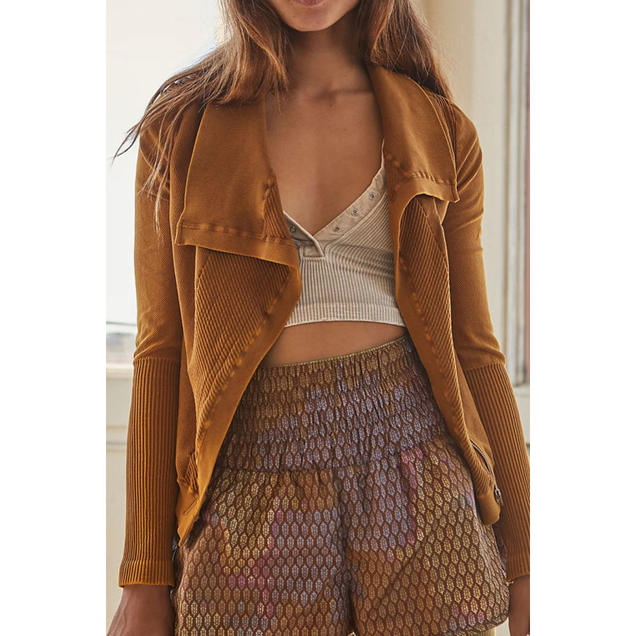 Asymmetric Collared Neck Ribbed Detail Jacket Caramel / S Apparel and Accessories