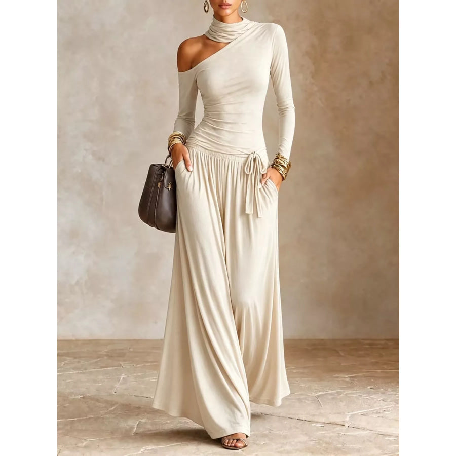 Asymmetric Cutout Long Sleeve Maxi Dress Apricot / S Apparel and Accessories