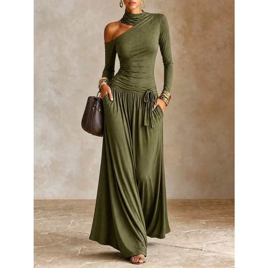 Asymmetric Cutout Long Sleeve Maxi Dress Army Green / S Apparel and Accessories
