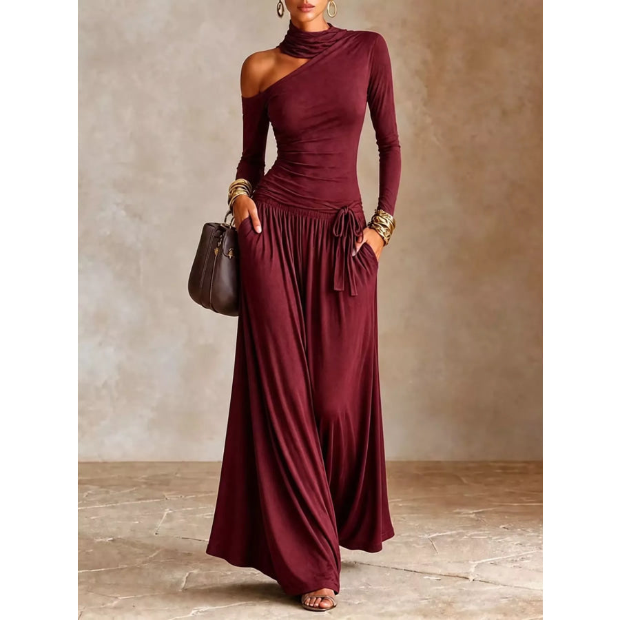 Asymmetric Cutout Long Sleeve Maxi Dress Burgundy / S Apparel and Accessories