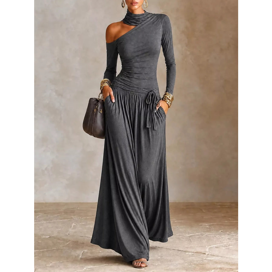 Asymmetric Cutout Long Sleeve Maxi Dress Gray / S Apparel and Accessories