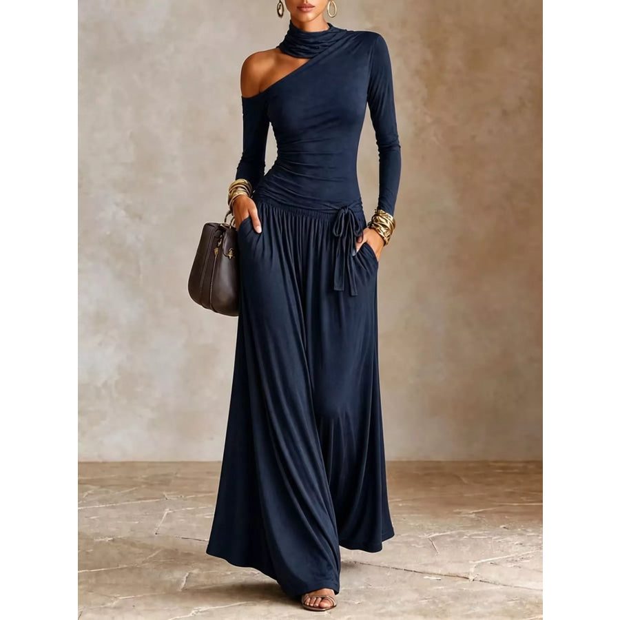 Asymmetric Cutout Long Sleeve Maxi Dress Navy / S Apparel and Accessories