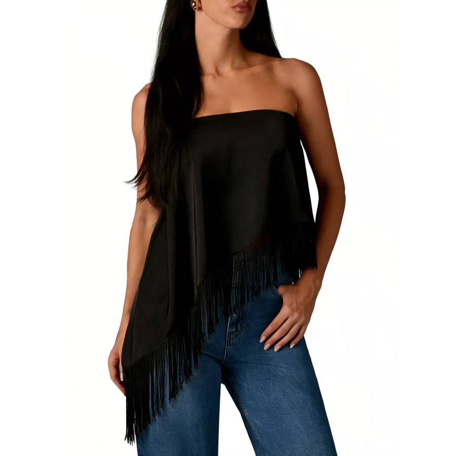 Asymmetric Fringe Tube Top Black / S Apparel and Accessories