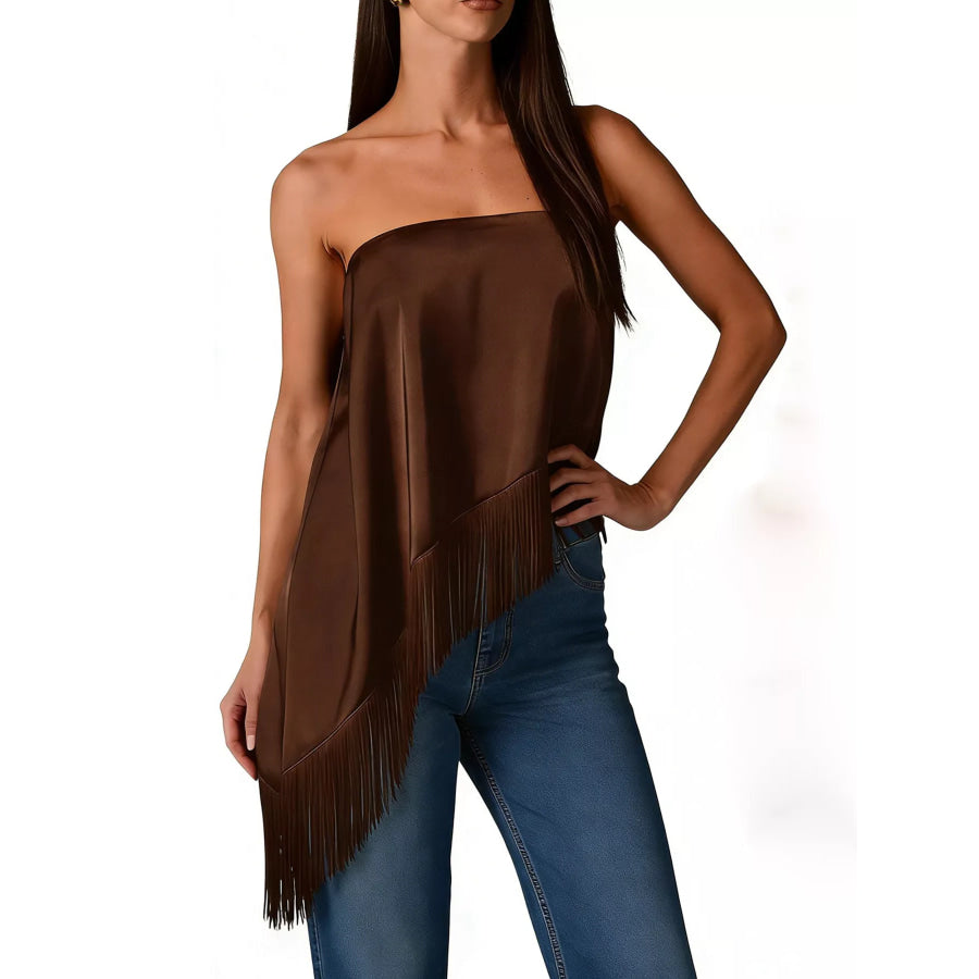 Asymmetric Fringe Tube Top Brown / S Apparel and Accessories