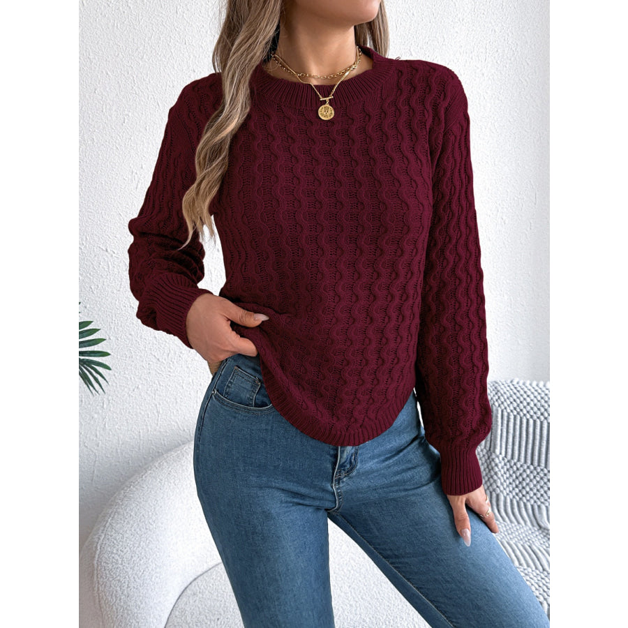 Asymmetric Hem Round Neck Long Sleeve Sweater Apparel and Accessories