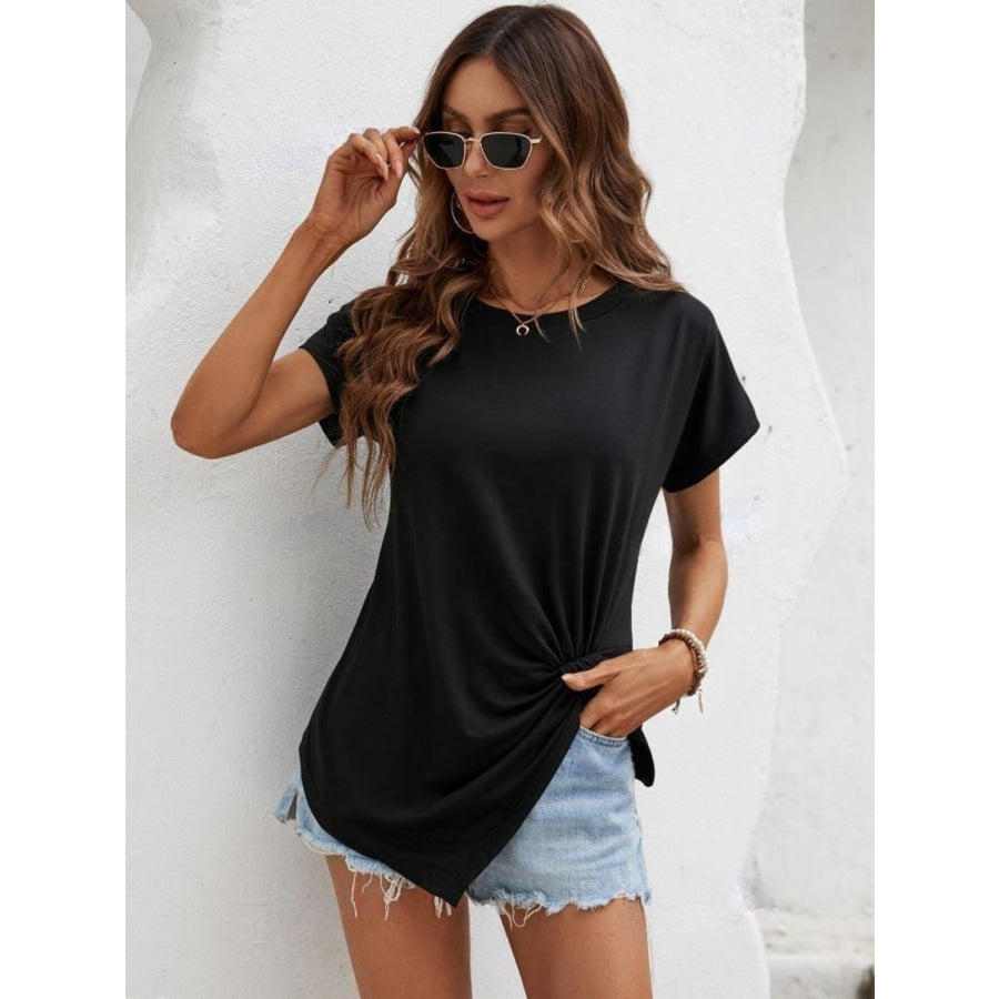 Asymmetric Hem Round Neck T-Shirt Black / S Apparel and Accessories