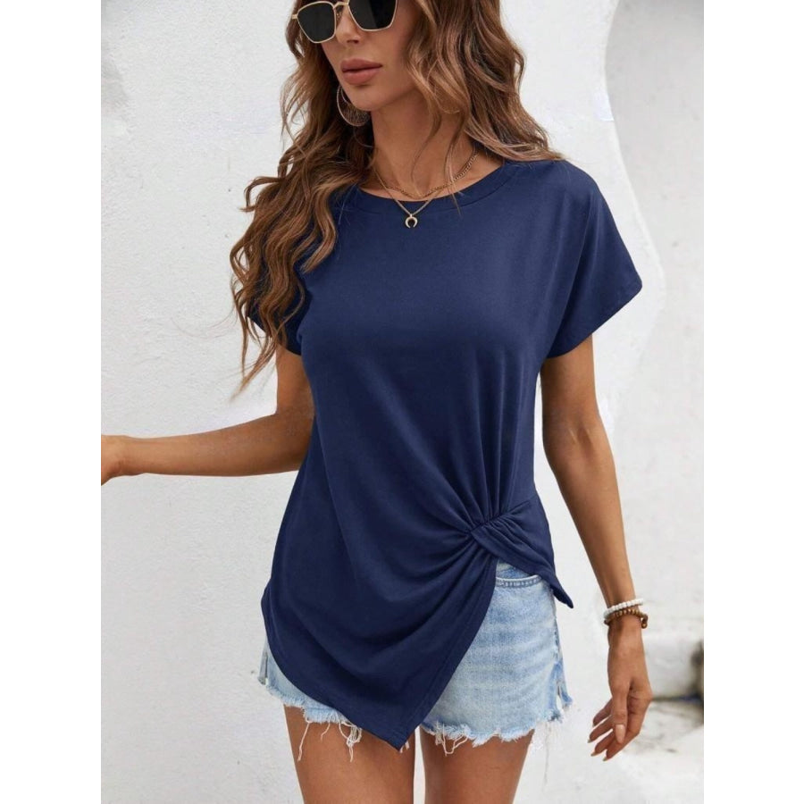 Asymmetric Hem Round Neck T-Shirt Dark Blue / S Apparel and Accessories