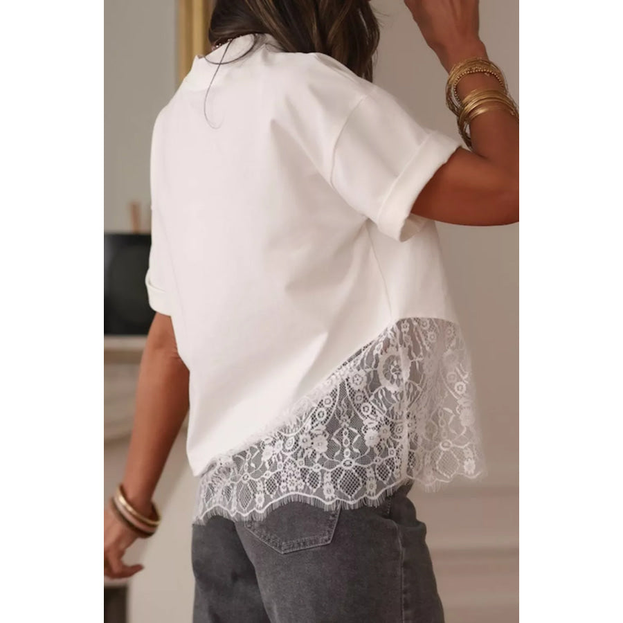 Asymmetric Lace Hem Patchwork Tee Apparel and Accessories