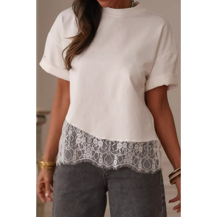 Asymmetric Lace Hem Patchwork Tee Apparel and Accessories