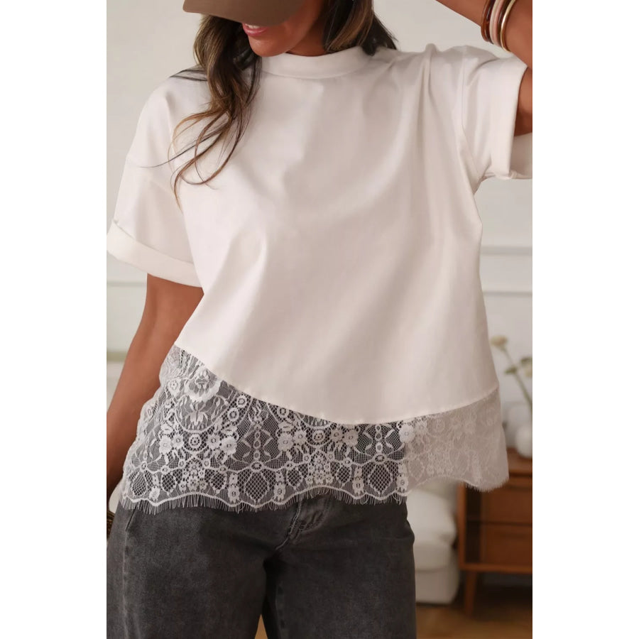 Asymmetric Lace Hem Patchwork Tee Apparel and Accessories